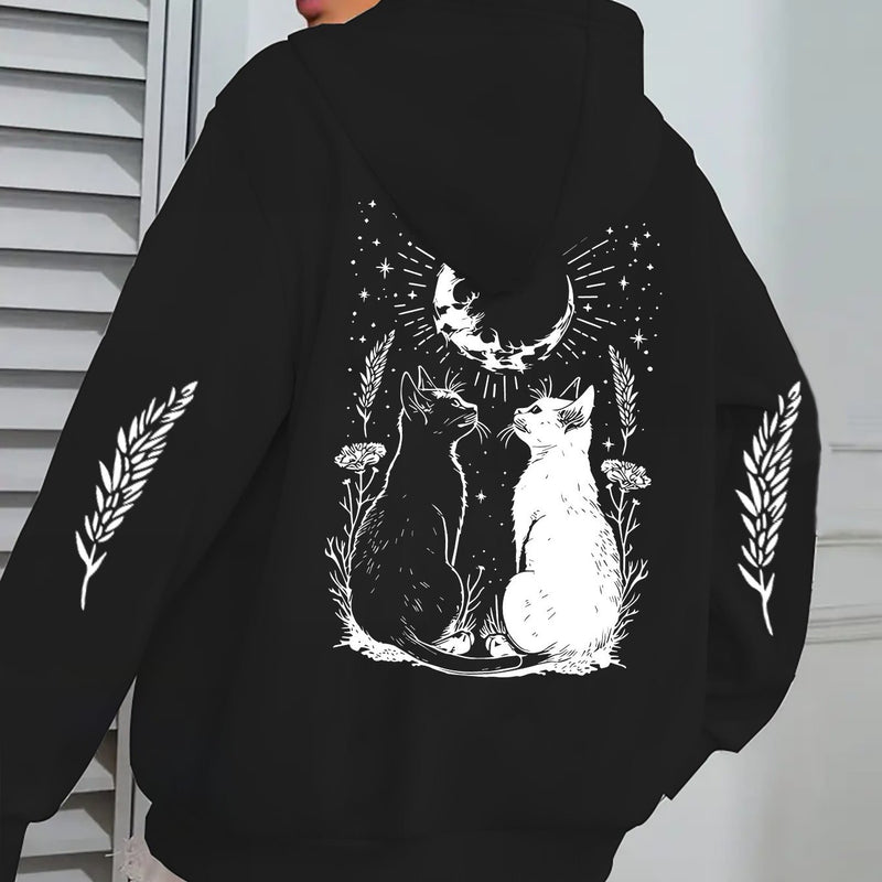 Cat Print Casual Zip-up Hoodie with Pockets.