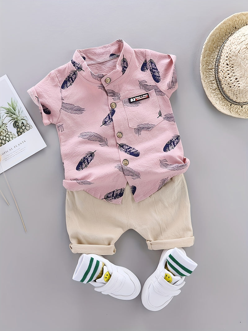 Youngsters Summer Feather Print Short Sleeve Shirt & Shorts Set.