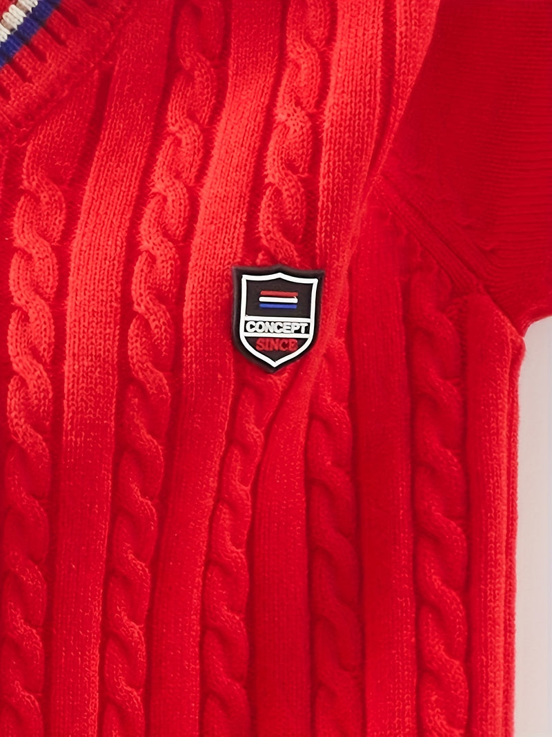 Boys' Red & Striped V-Neck Sweater.