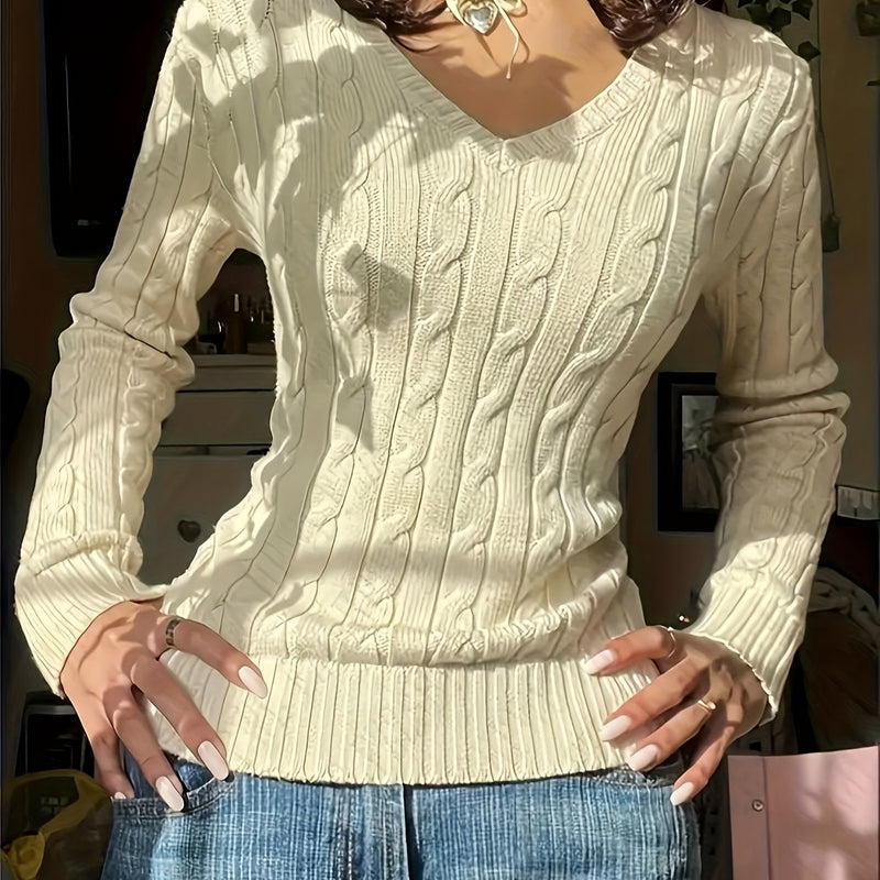 Women's Slim-Fit V-Neck Cable Sweshirt.