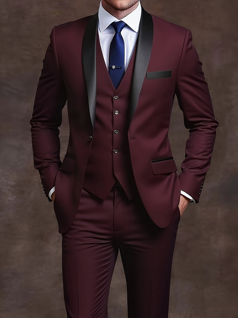 Men's 3pcs Suit with Notch Lapel, Business Formal Set, Includes Jacket.