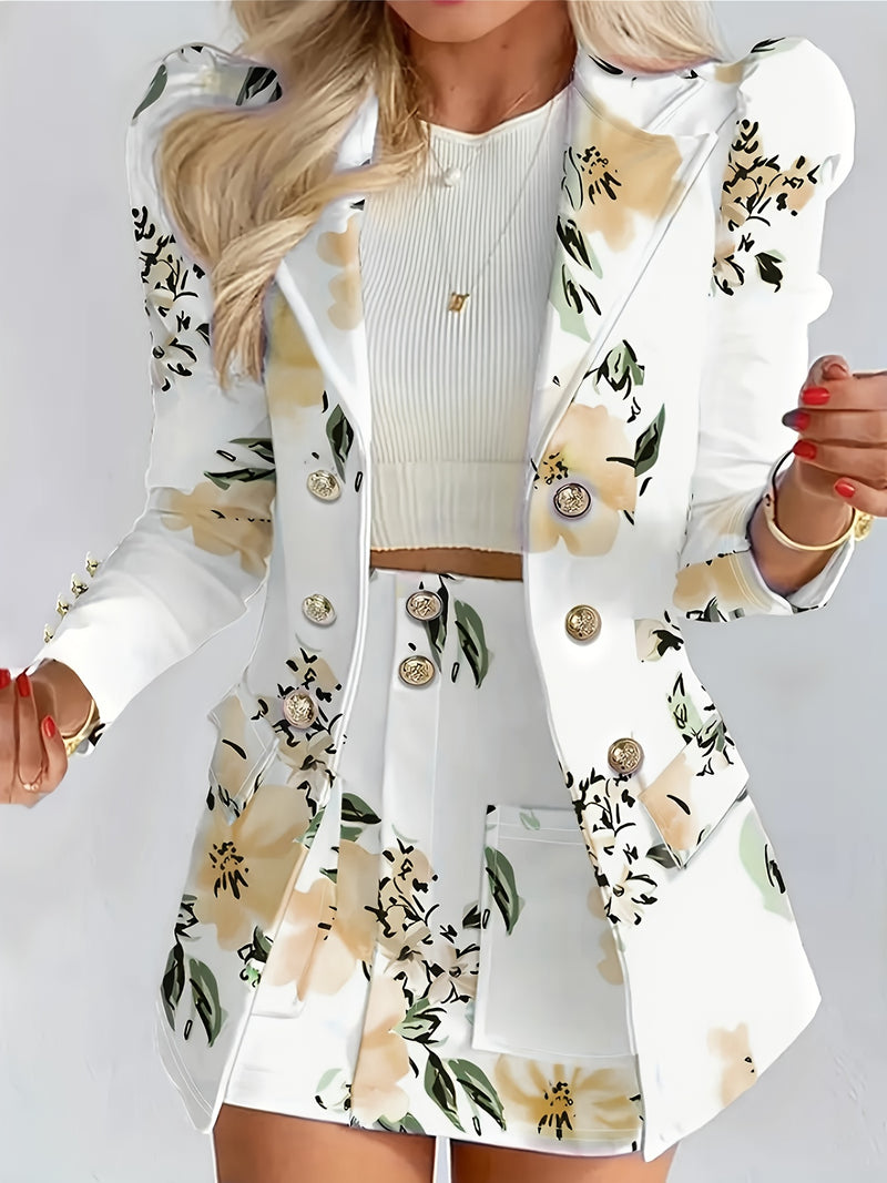 Women's Elegant Floral Print Blazer & Skirt Set.