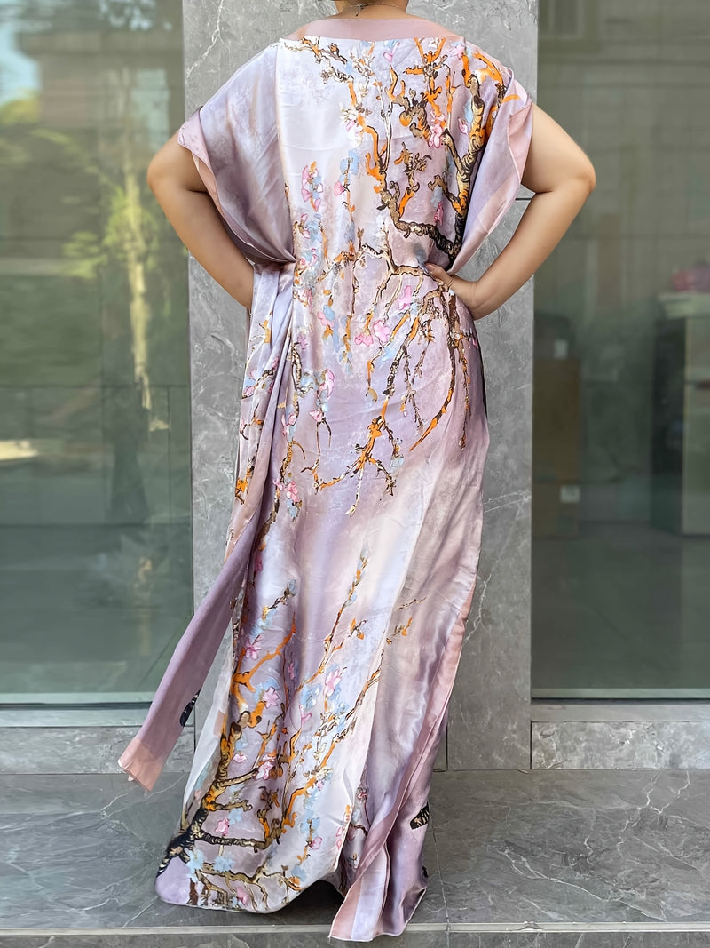 Women’s Floral Pattern Longline Dress, Elegant Short Sleeve Crew Neck Dress.