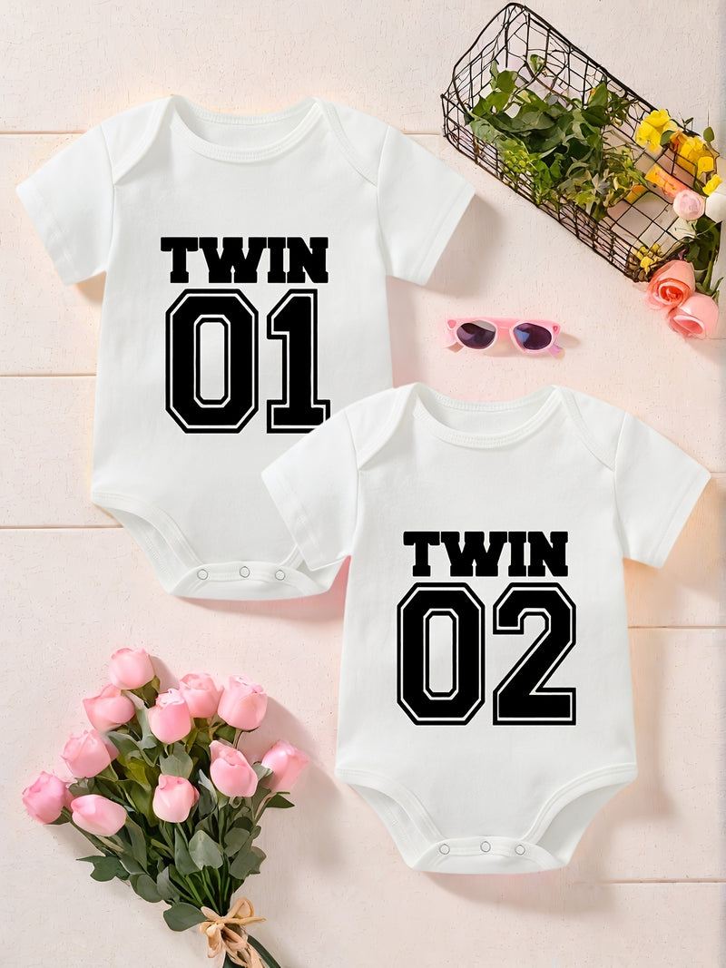 2pcs Baby Outfit, Twin Baby Outfit 01, 02 Number Print.
