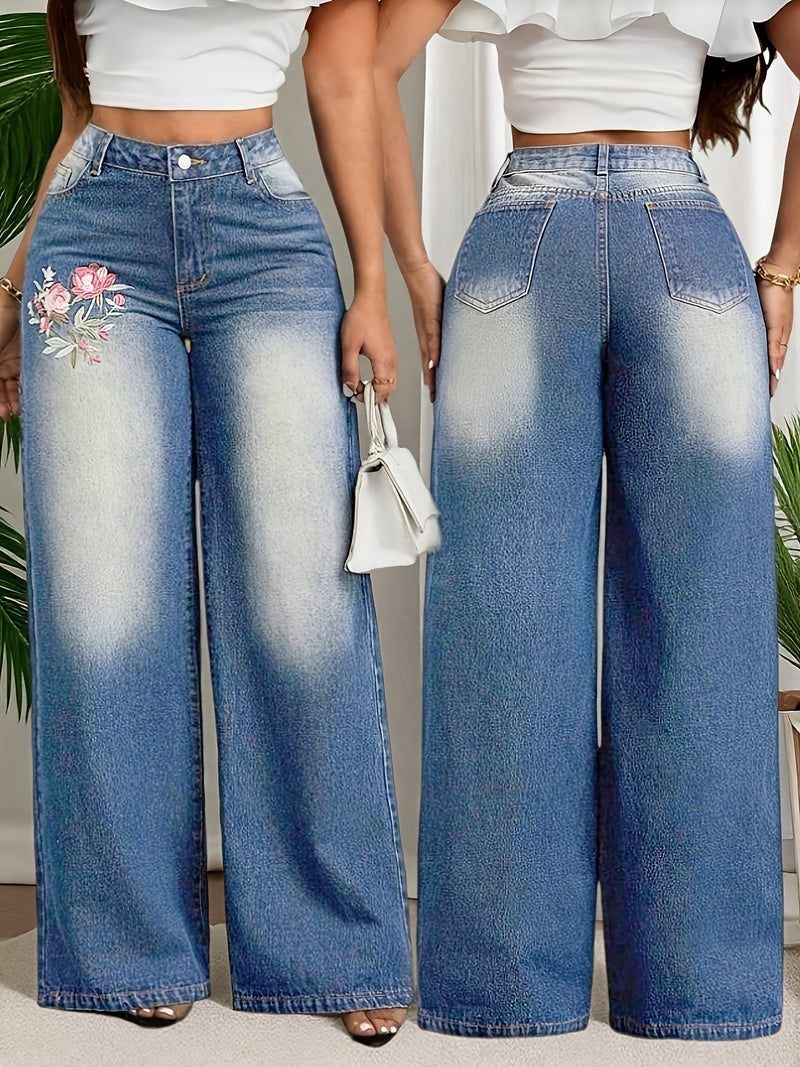 Women’s Spring/Summer New Floral Embroidered Stretch Wide-Leg Pants.