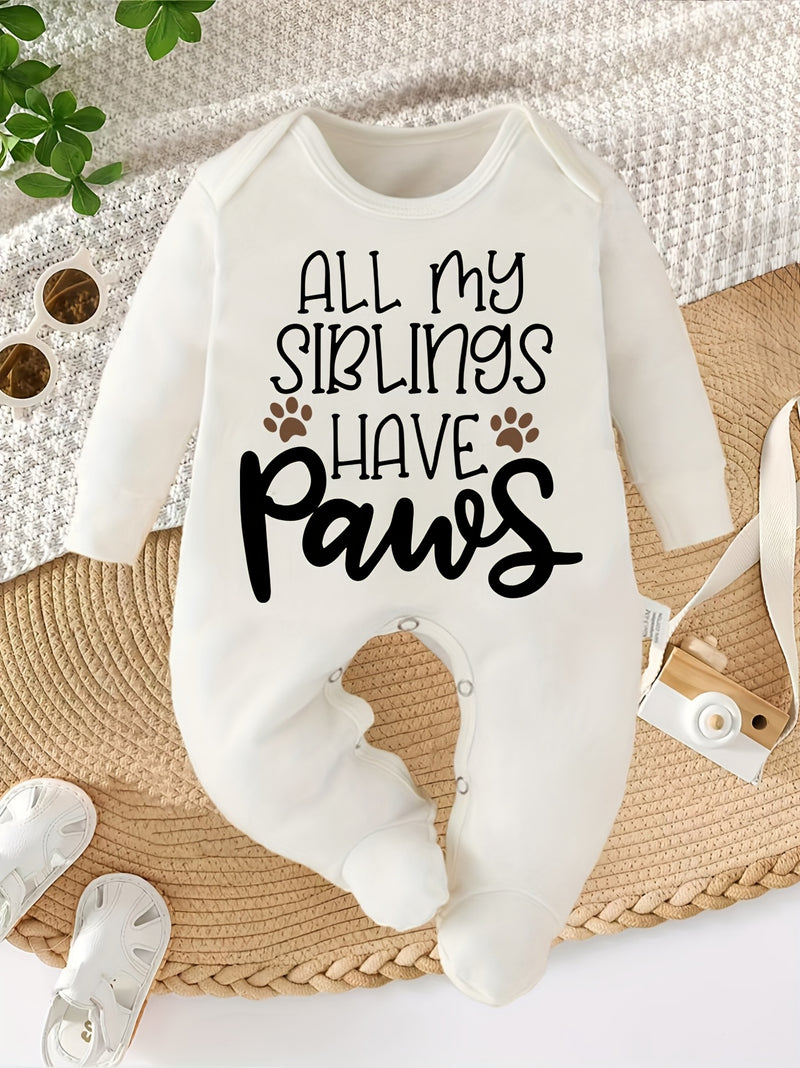 All My Siblings Have Paws Letter Print Newborn Romper Footed Bodysuit for Babies.