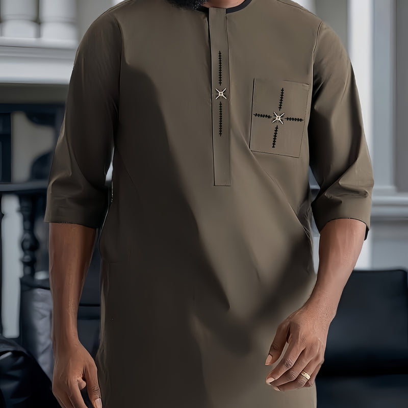 Men'S Classic Embroidered Suit, Summer Mid-Sleeve Top.