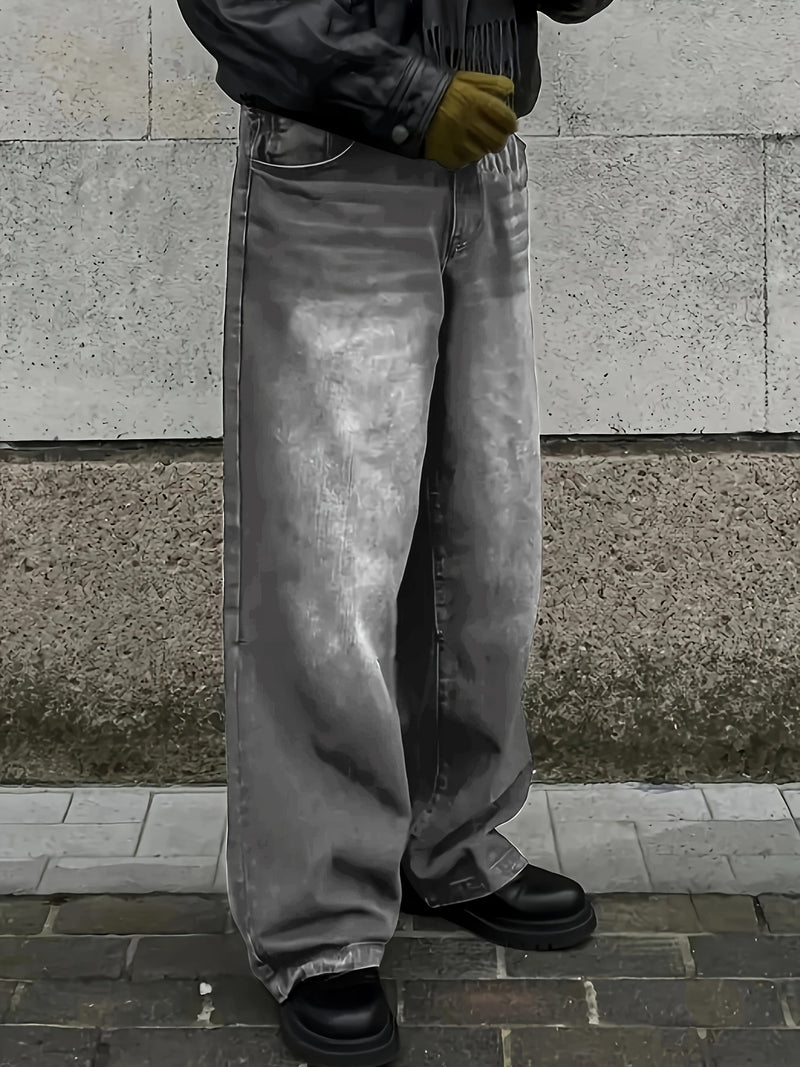 Men's Black Wide-Leg Loose-Fitting Jeans That Drag on The Ground.