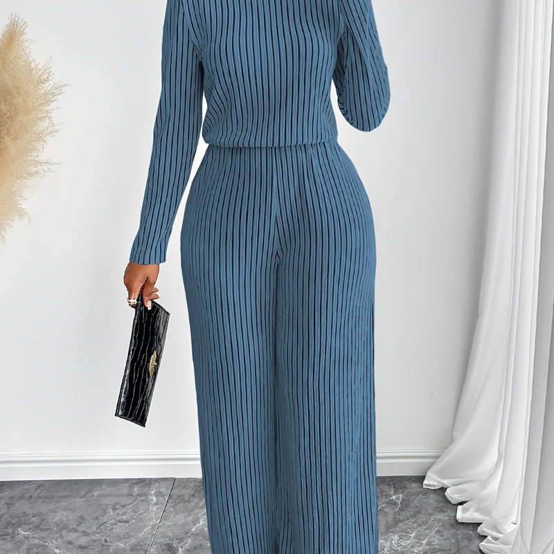 Women's Casual Elegant Long Sleeve Wide Leg Body Suit with Clavicle Collar.
