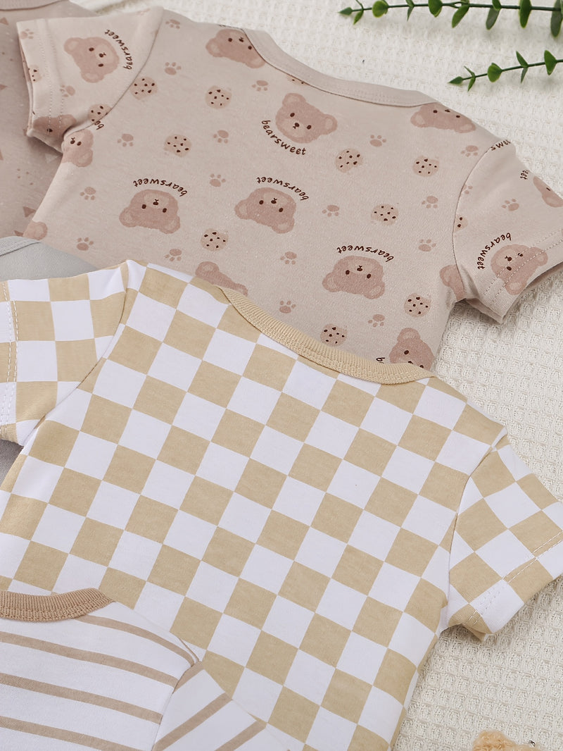 10pcs Boys' Onesies Set - Short Sleeve Snap-Fit Rompers with Bear & Animal Print.