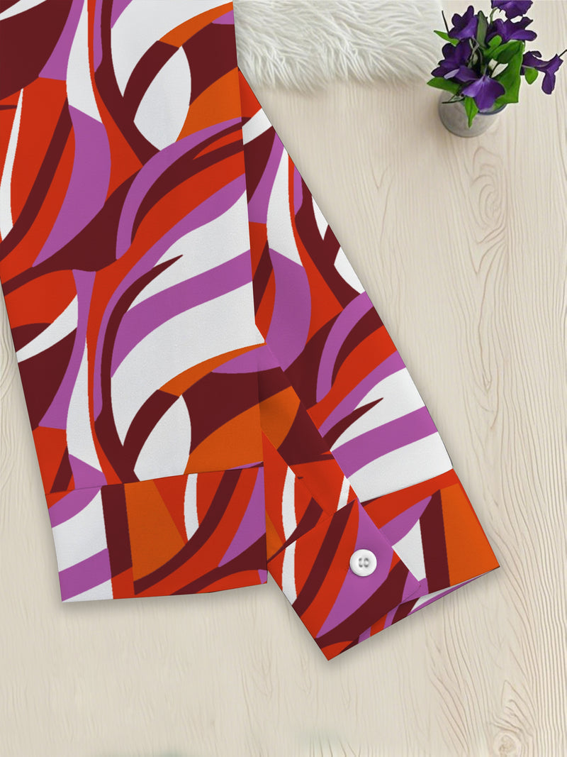 Women’s Two-Piece Set Featuring a Geometric Print Shirt And Solid Color Trousers.