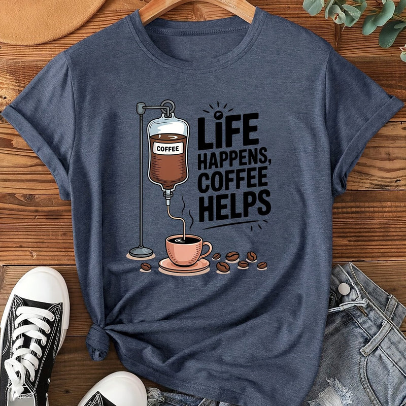 Women's Coffee-Themed T-Shirt with "Coffee Helps" Slogan.