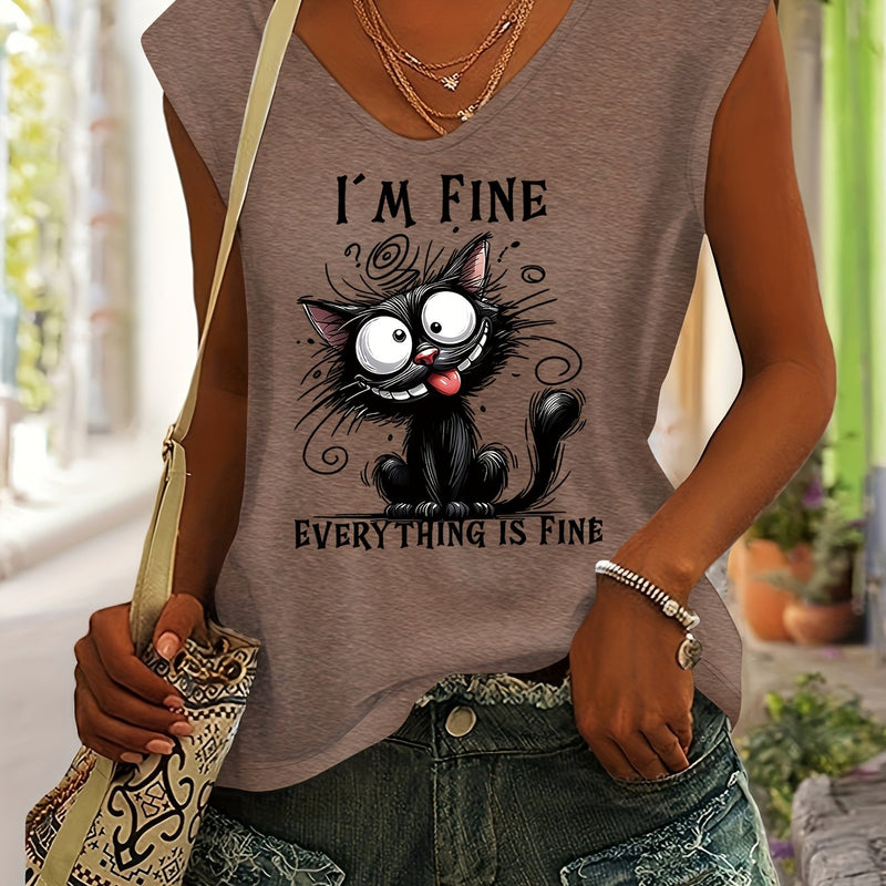 Women’s Cute Cat Print Rayon V-Neck Short Sleeve T-Shirt.
