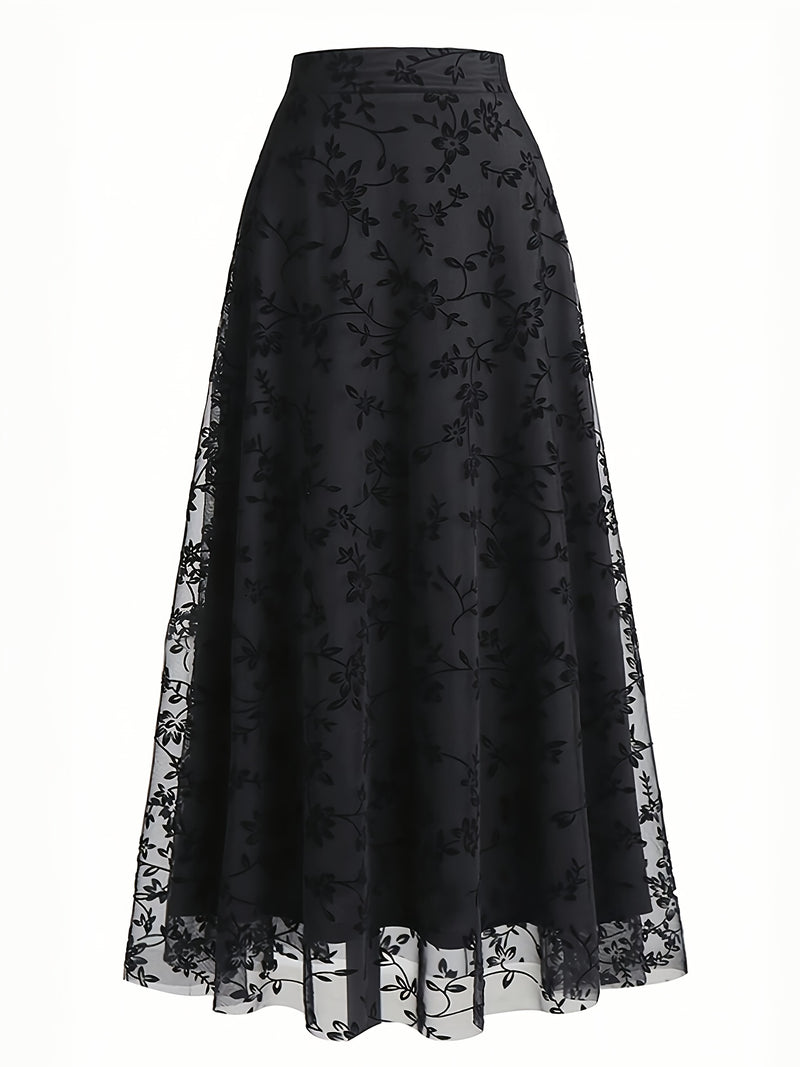Elegant New High-Waisted Mesh Embroidered Skirt Loose A-Line Dress for Women.
