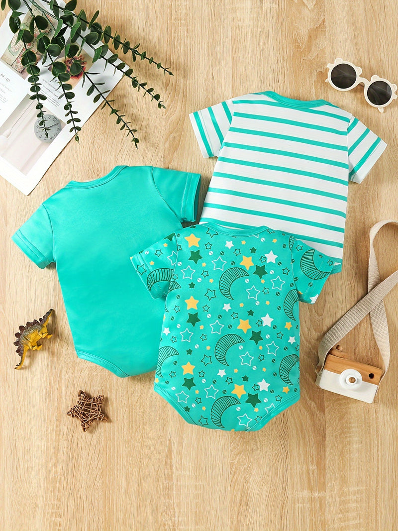 Baby 3pcs Printed Short Sleeve Triangle Bodysuit Cute Crawling Suit.