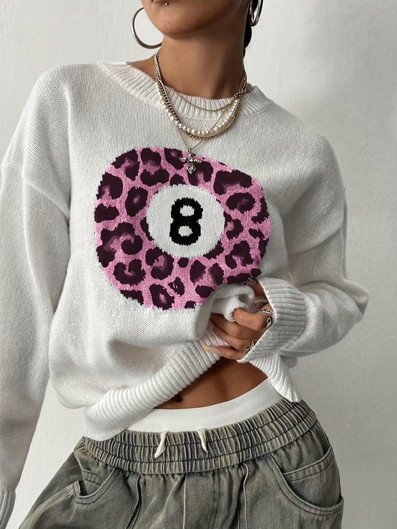 Women’s Fashion Casual Style Leopard Print Ball Design Billiard 8pcs Sweater.