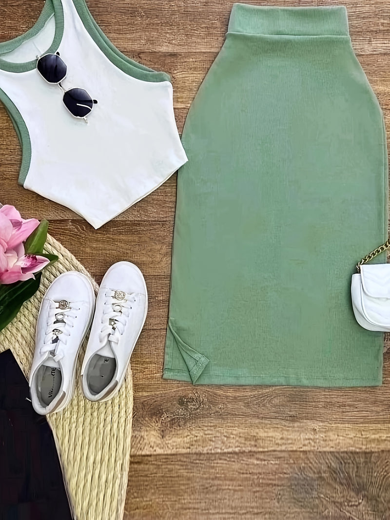 Women's Sleeveless Waistcoat and Split Skirt Set.