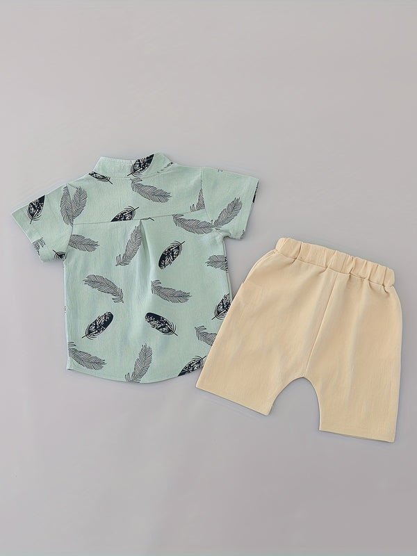 Youngsters Summer Feather Print Short Sleeve Shirt & Shorts Set.