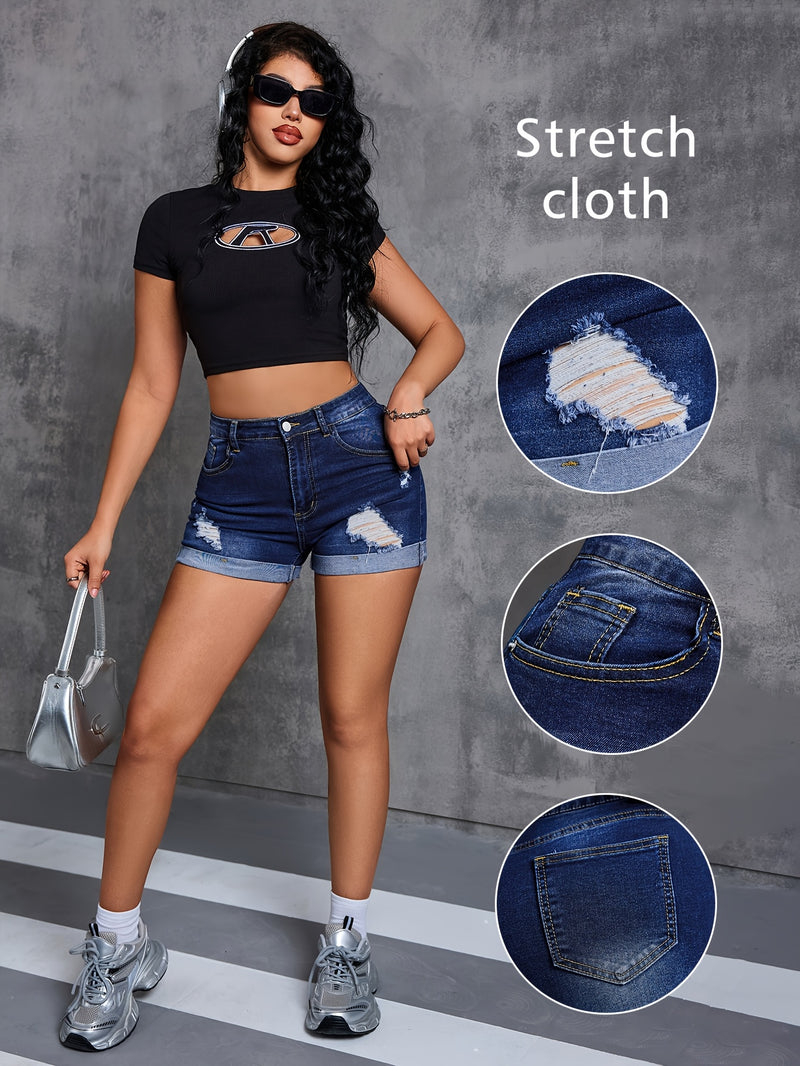 Women's Pocketed Fitted Casual Ripped Shorts.