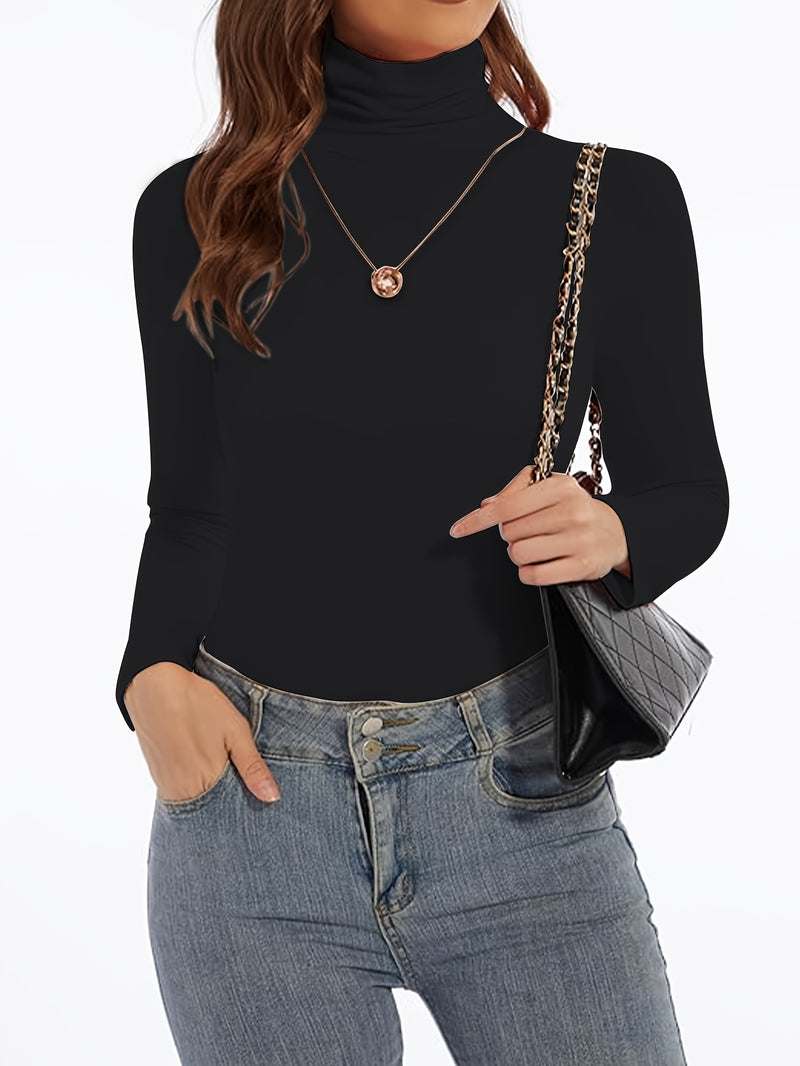 Women's High Collar T-Shirt Autumn And Winter Fleece Lining Warm Long-Sleeved.