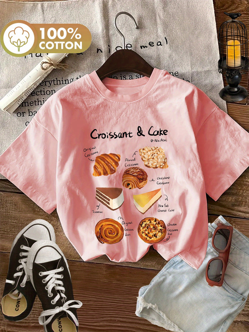 Women's Croissant & Cake Graphic T-Shirt.