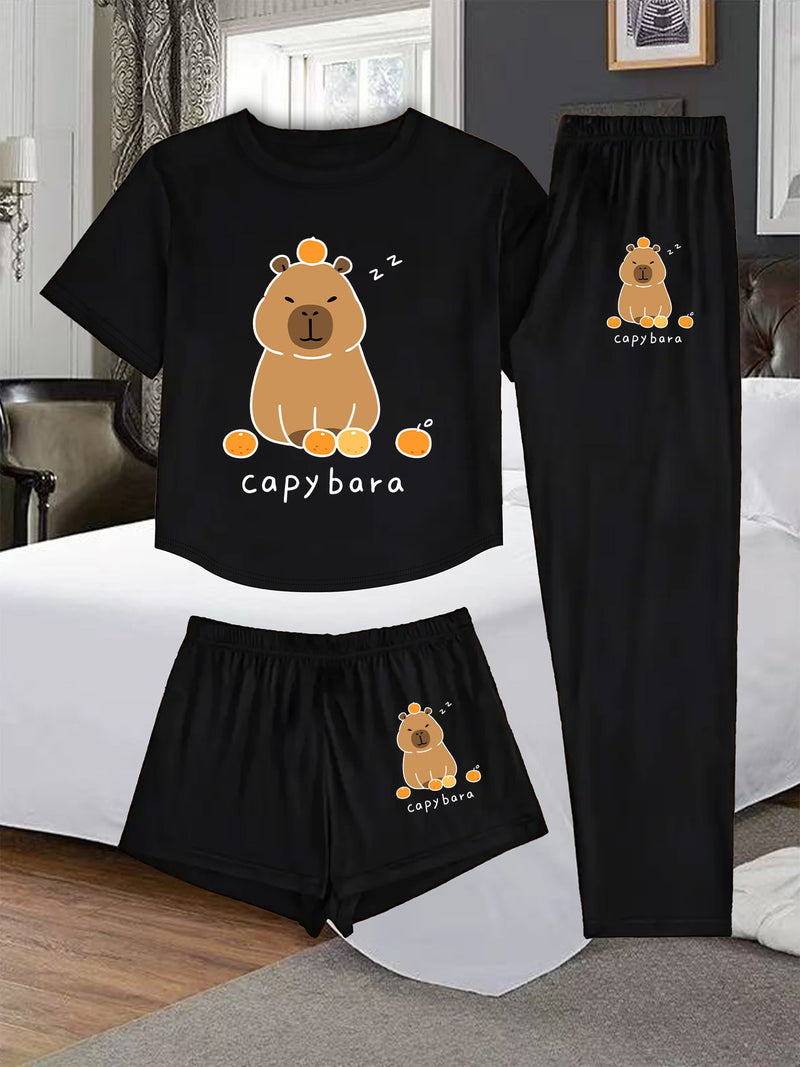 A Three-Piece Women's Loungewear Set, Featuring a Printed Design.