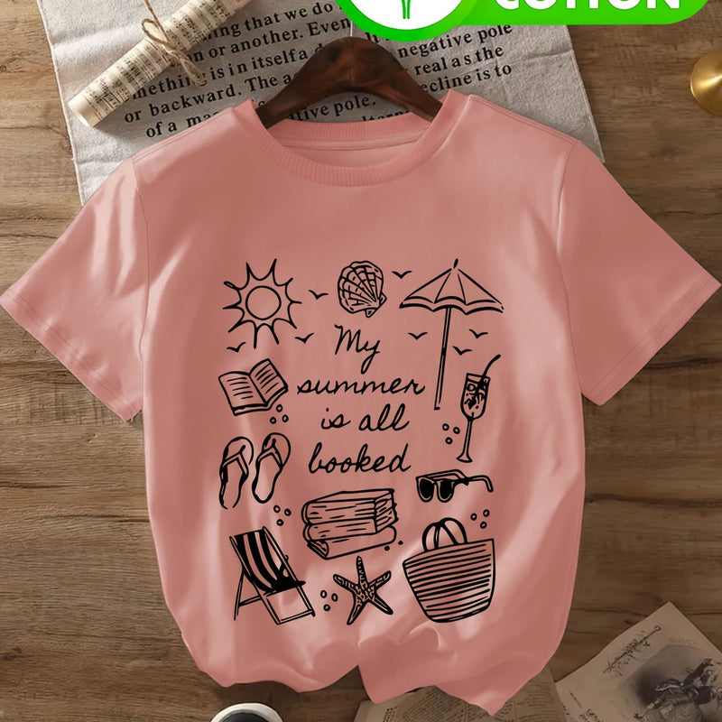 Women's Casual T-Shirt - Beach & Book Lovers Graphic Print.