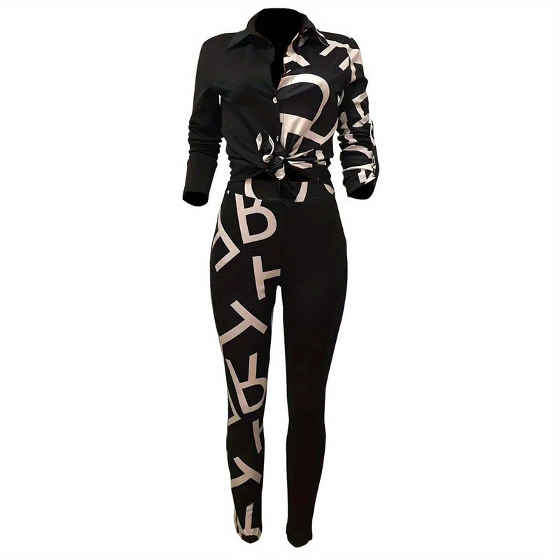 Women's Casual Color-Block Printed Long-Sleeve Lapel Shirt and Trousers 2pcs.