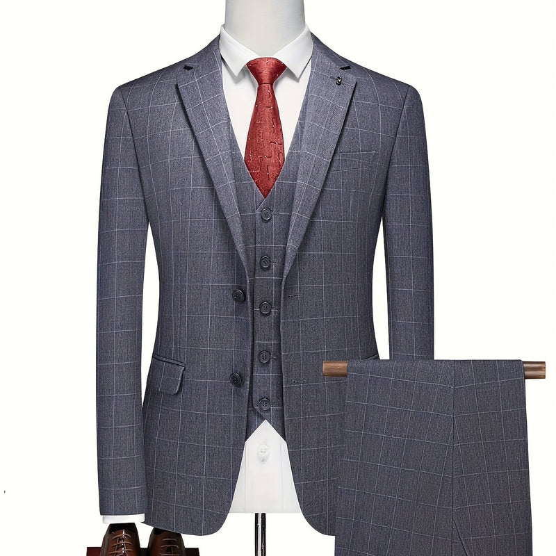 3pcs Men's Slim-Fit Checkered Suit - Notable Suit Suitable for Business.
