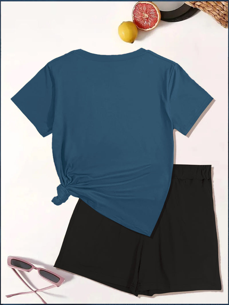 2pcs Women's Y2K Elegant V-Neck Short-Sleeve Blouse & Matching Shorts.