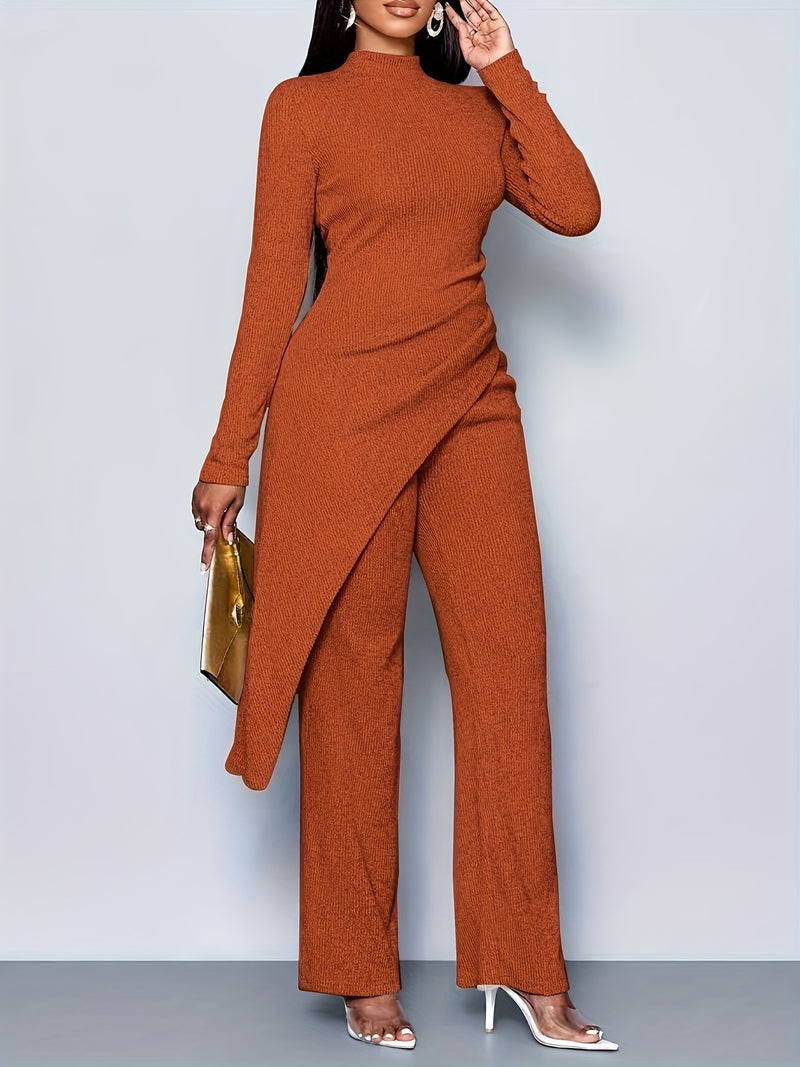 Women's Elegant Solid Color Fleece Ribbed Asymmetric Hem Top Paired with Flared Pants.
