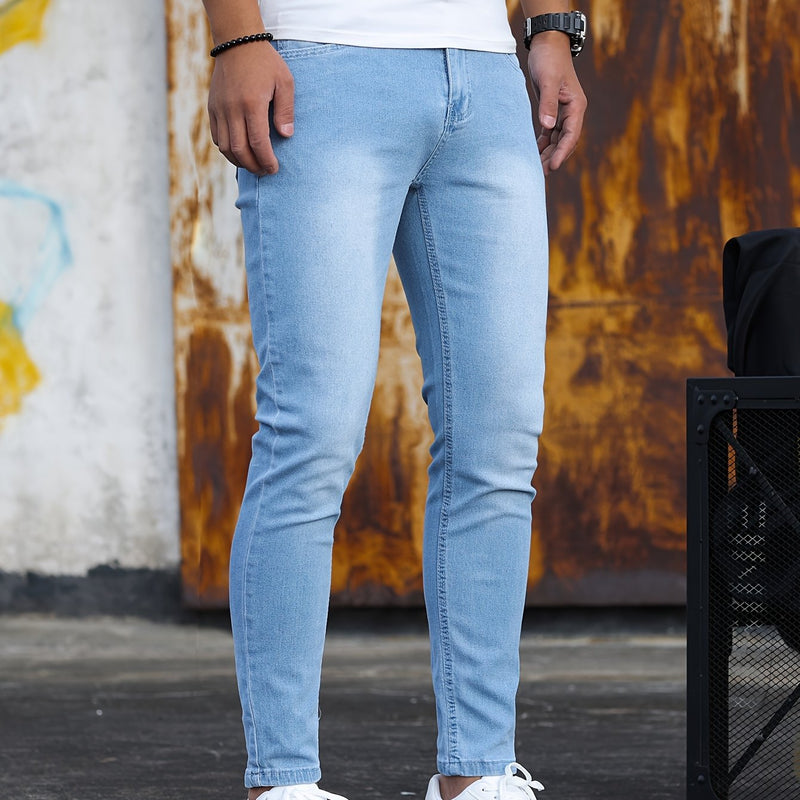 Men's Stretch Skinny Jeans - Light Blue Washed Street Style.
