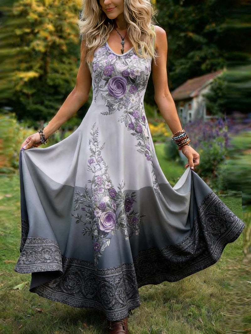 Flat Print Women's Retro Elegant Sleeveless Dress.