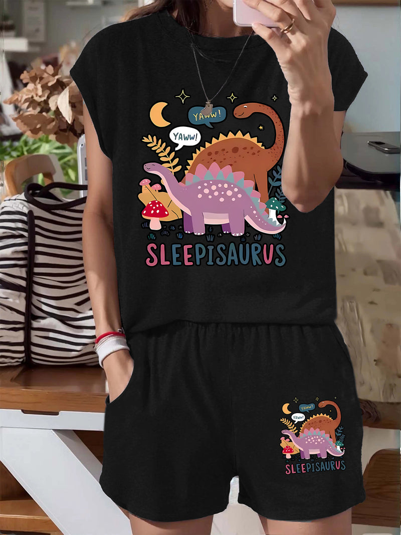 Women's Casual Sleeping Dinosaur Graphic Tee and Shorts.