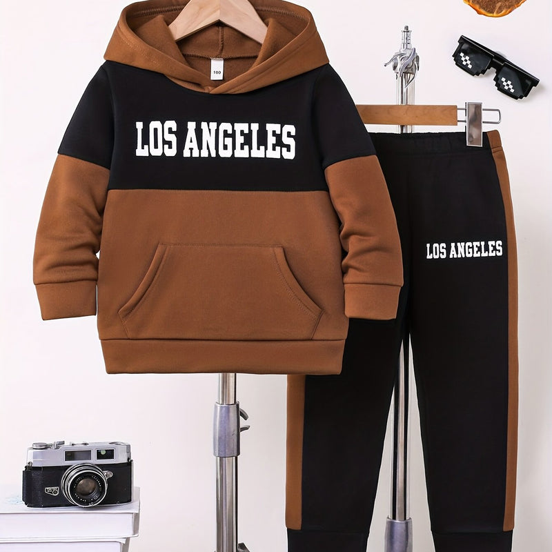 2pcs Boys Autumn/Winter Fleece-Lined Hooded Sweatshirt and Pants Set.