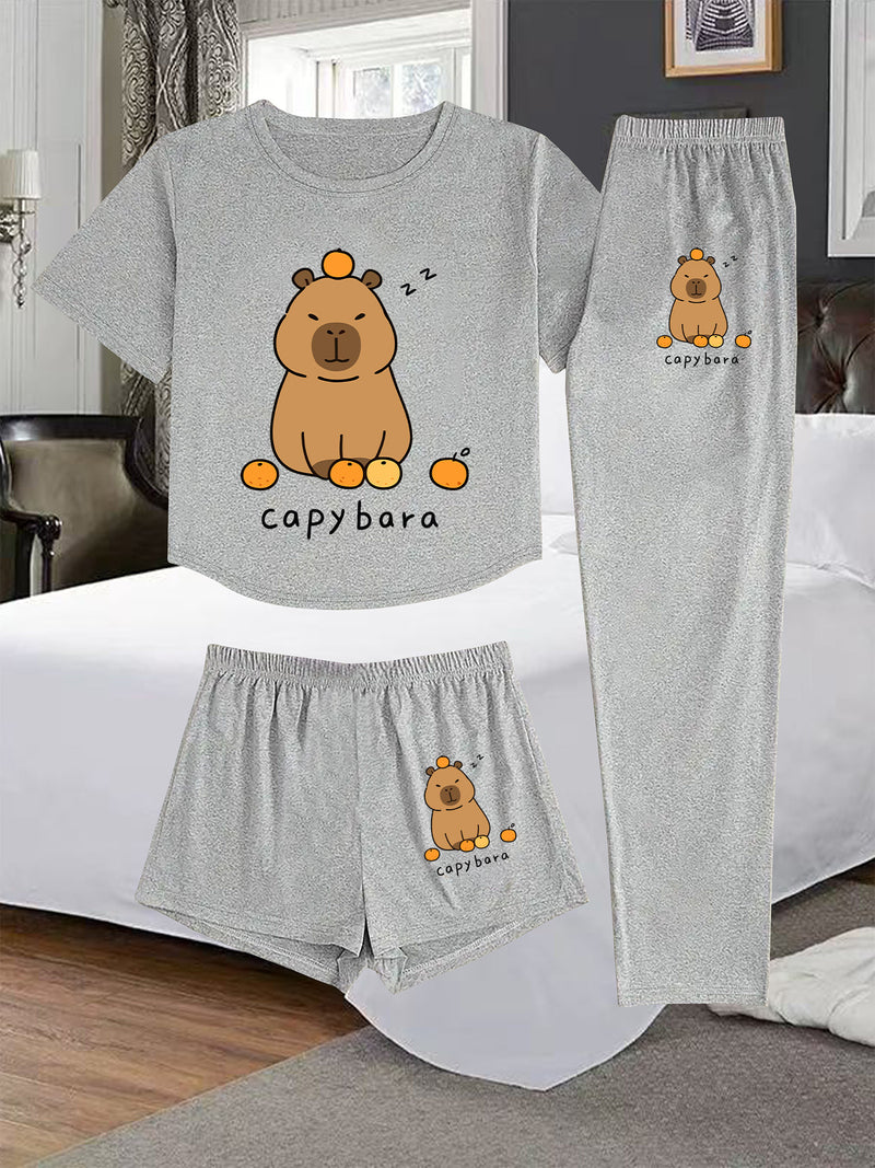 A Three-Piece Women's Loungewear Set, Featuring a Printed Design.