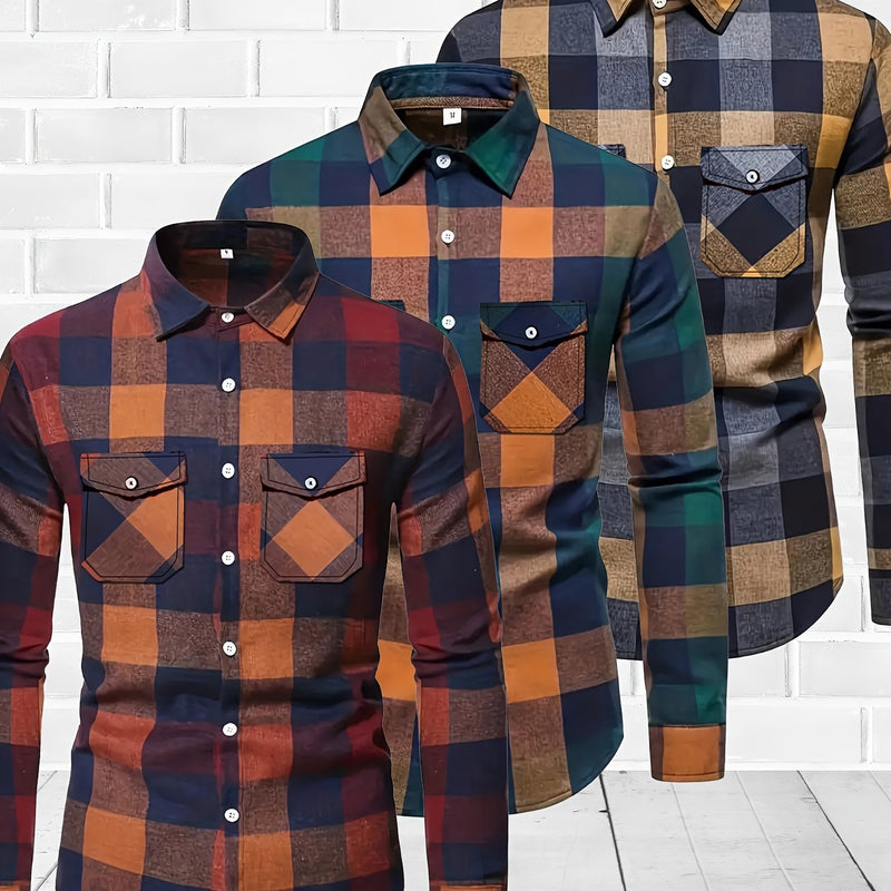 3pcs Men's Plaid Shirts with Top Lapel Long Sleeve.