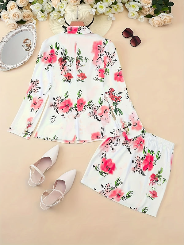 Women's Elegant Floral Print Blazer & Skirt Set.