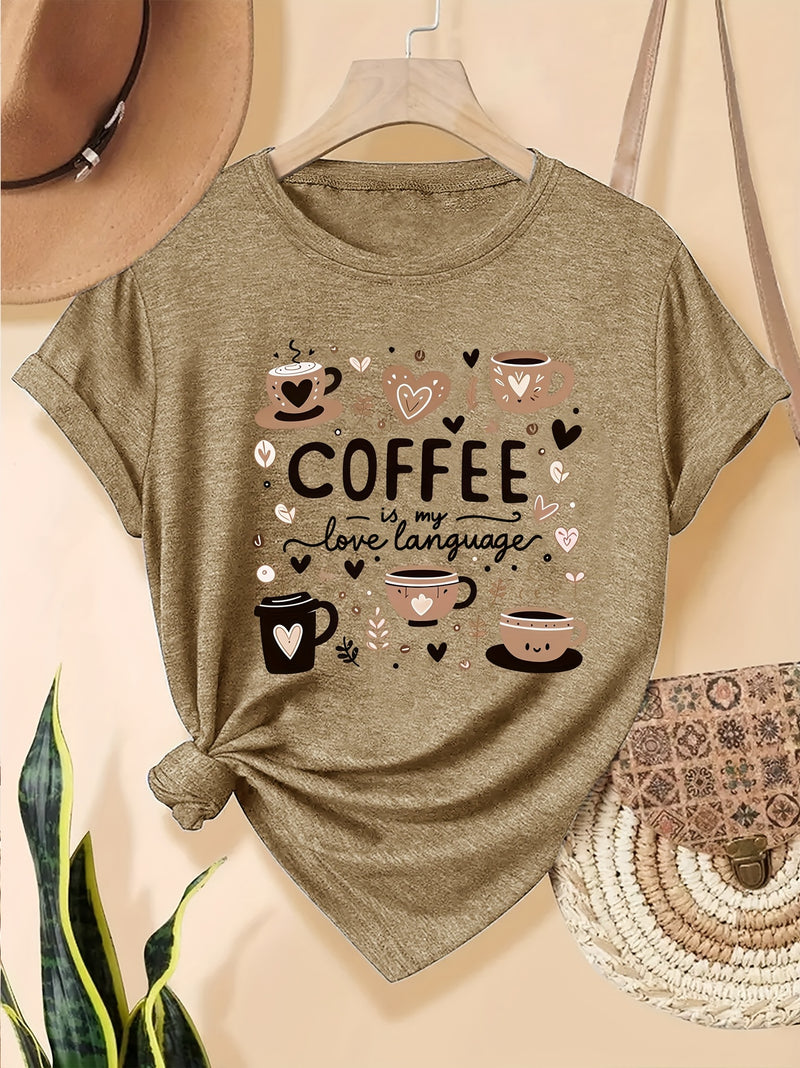 Elegant Women's Short-Sleeve T-Shirt with Coffee-Themed Prints.