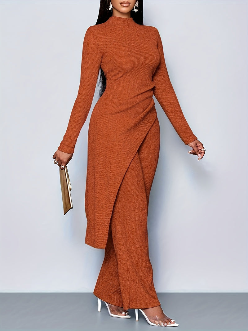 Women's Elegant Solid Color Fleece Ribbed Asymmetric Hem Top Paired with Flared Pants.