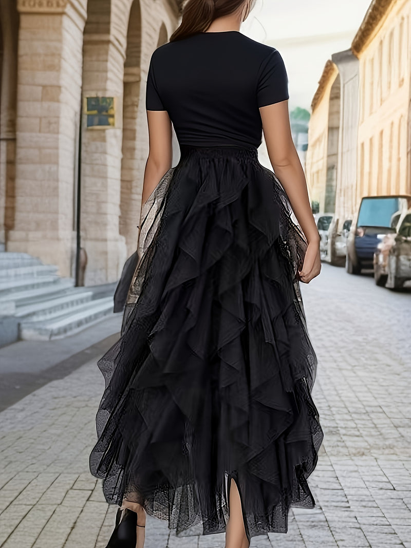 Women’s Irregular High-Waisted A-Line Tulle Skirt, Layered Tulle Skirt.