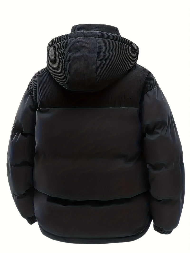 Men'S Thickened Winter Jacket with Corduroy Patchwork And Hood.
