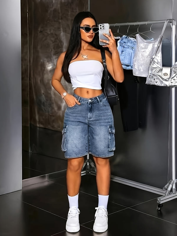 Women's Summer Blue Stretchy Multi-Pocket Casual Bermuda Denim Shorts.