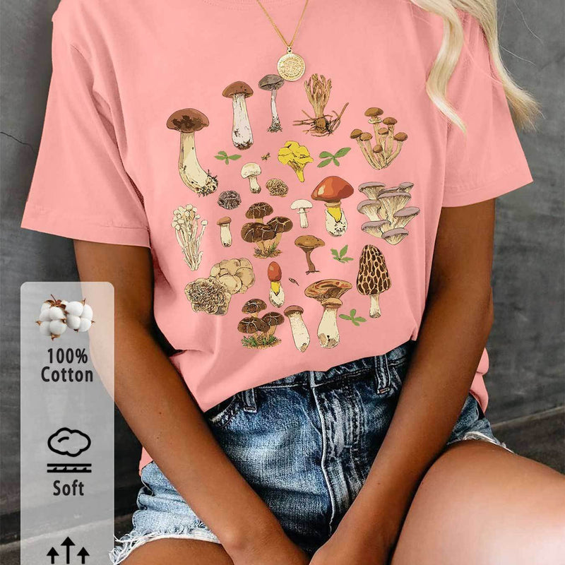 Women’s T-Shirt with Mushroom And Leaf Prints.