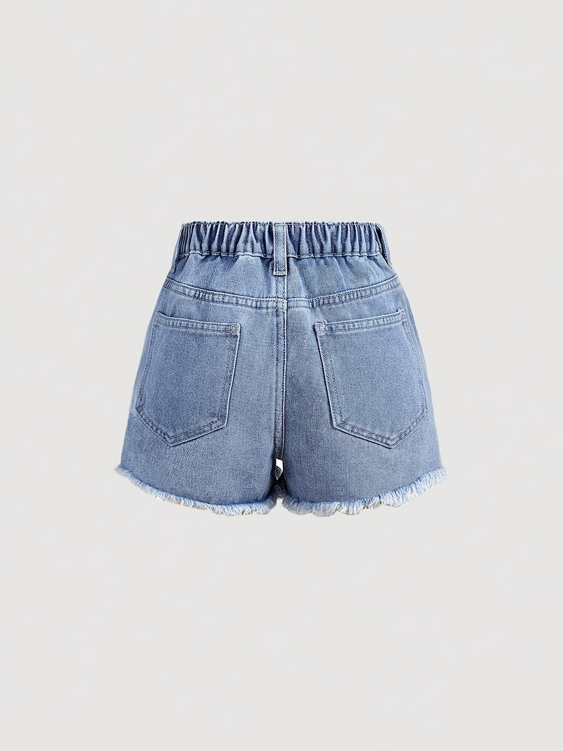 Girls' Faux Denim Shorts - Stylish Deep Blue Faux Denim with Star Patch Design.