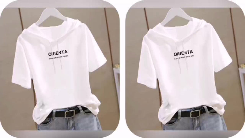Summer New Korean Version Loose Short Sleeve Thin Trendy Printed Hooded T-Shirt for Women.