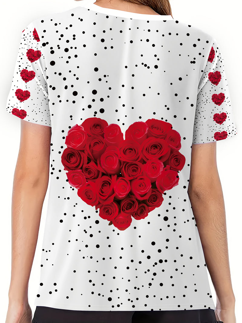 Elegant Women's Short-Sleeve T-Shirt with Heart And Rose Floral Print.