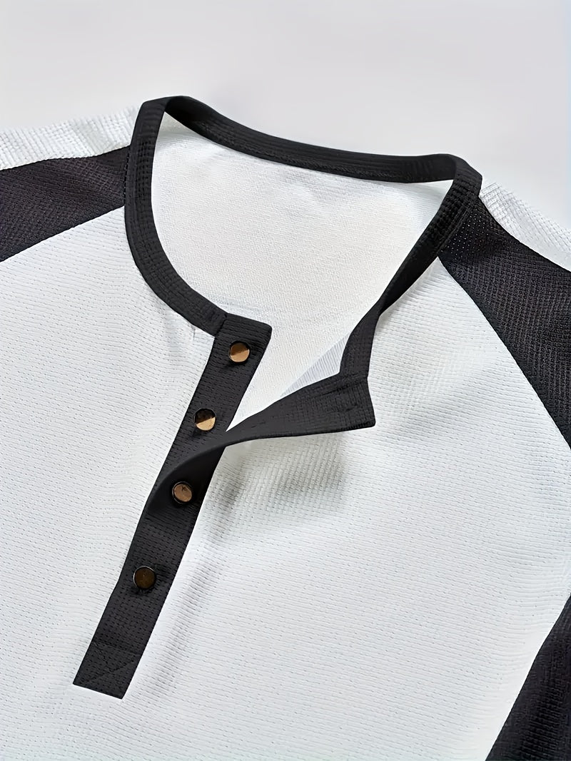 Men's Fashion Waffle Knit Color Block Button-Up Long Sleeve.
