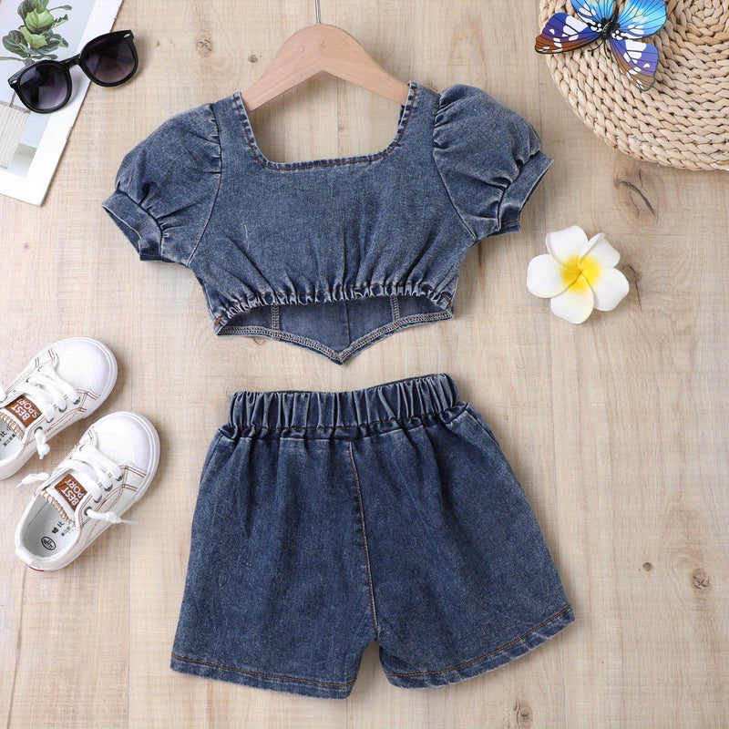 Girls Casual Trendy Stylish Y2K Denim Cropped Top & Shorts Set For Summer Holiday.