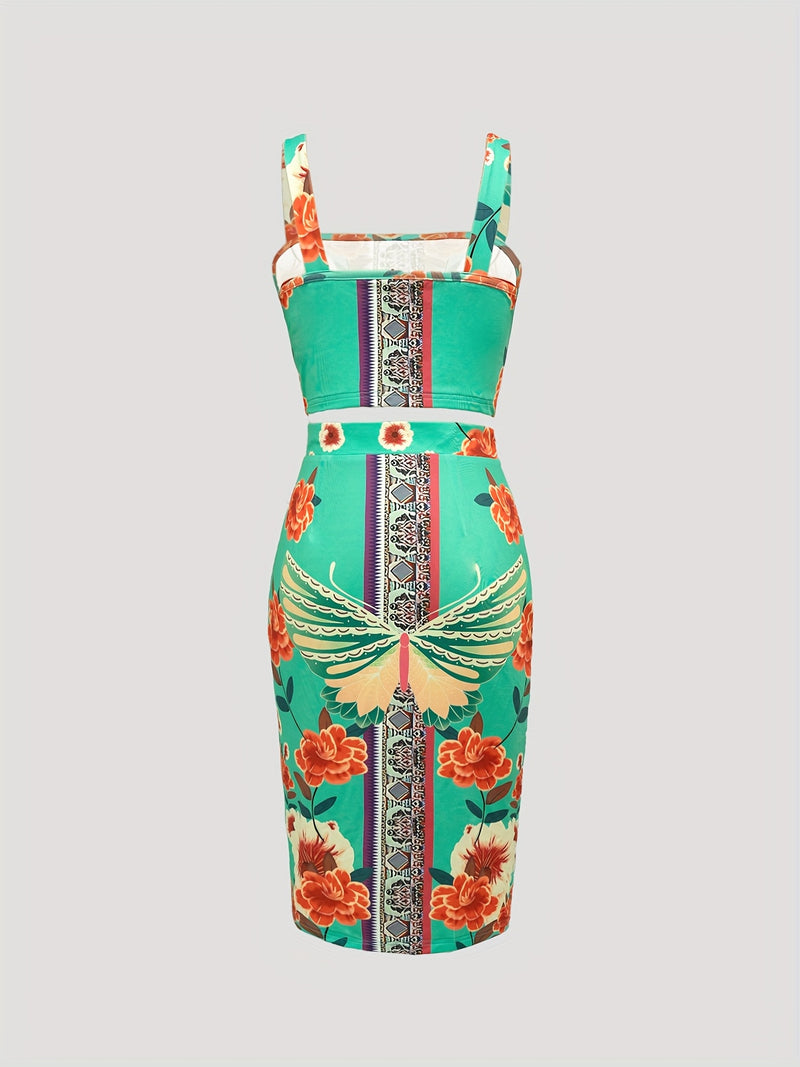 2pcs Women’s Stylish Fitted Sexy Printed Camisole And Bodycon Printed Skirt.